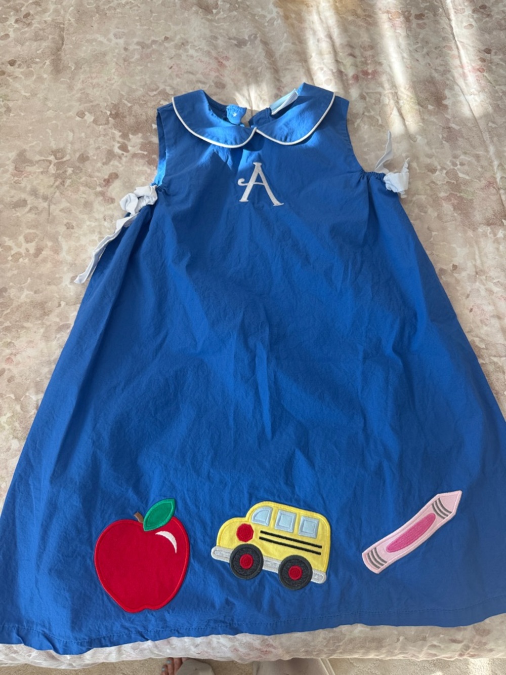 Blue Sleeveless Kids Casual Dress with School Appliqués